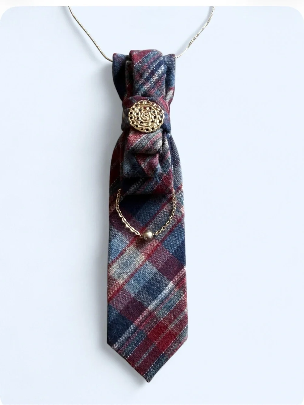 Upcycled Wool Blend Vintage Plaid Tartan Necktie Necklace Brooch Academia Preppy